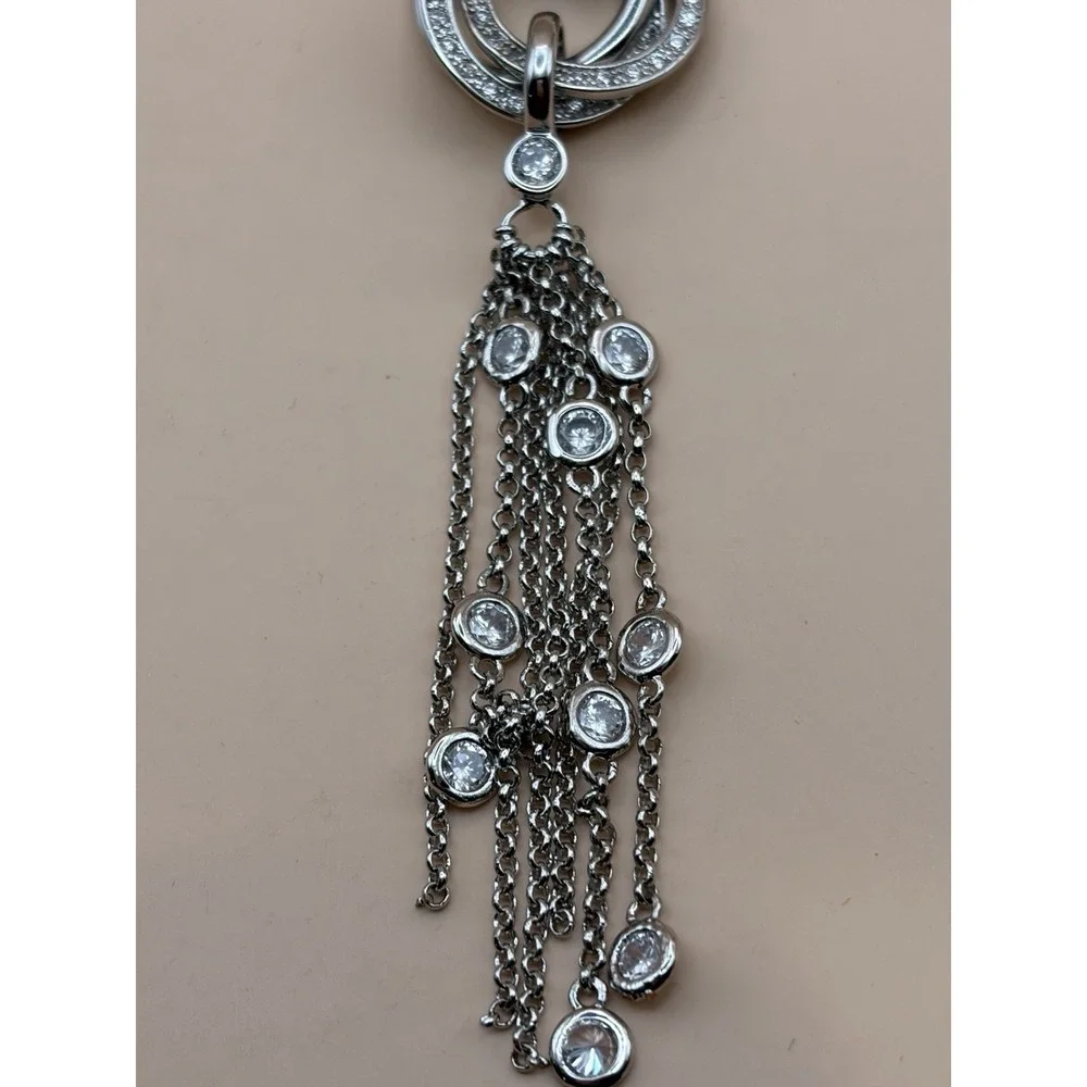 Silver CZ Tassel Fringe Necklace Pave Circle Pendant Magnetic Clasp Arthritis